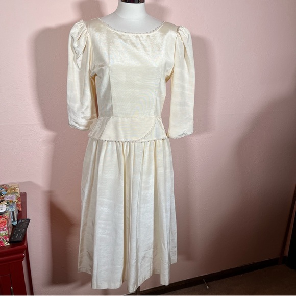 Vintage 80 90 Lanz Cream White Satin Puff sleeve Peplum Victorian Dress wedding - Picture 16 of 17